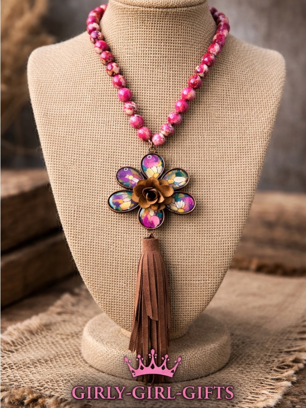 Gypsy South Pink Beaded Floral Pendant Necklace with Brown Tassel